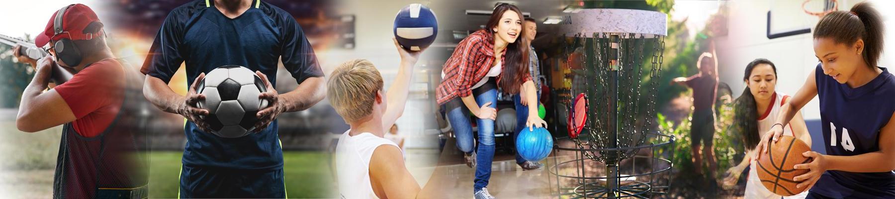 collage of sports - basketball, bowling, soccer, shooting, disc golf. 